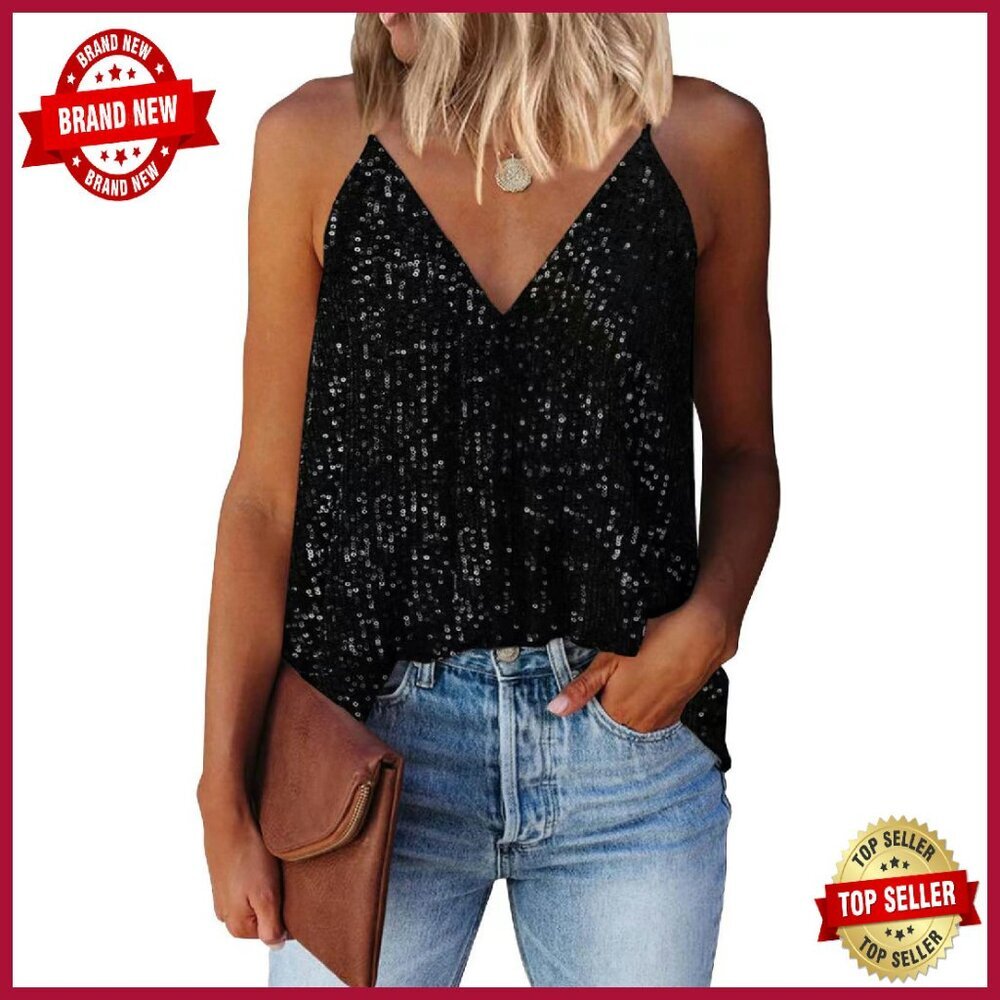 Sequin V-Neck Tank Top with Adjustable Straps - Perfect for Parties & Events